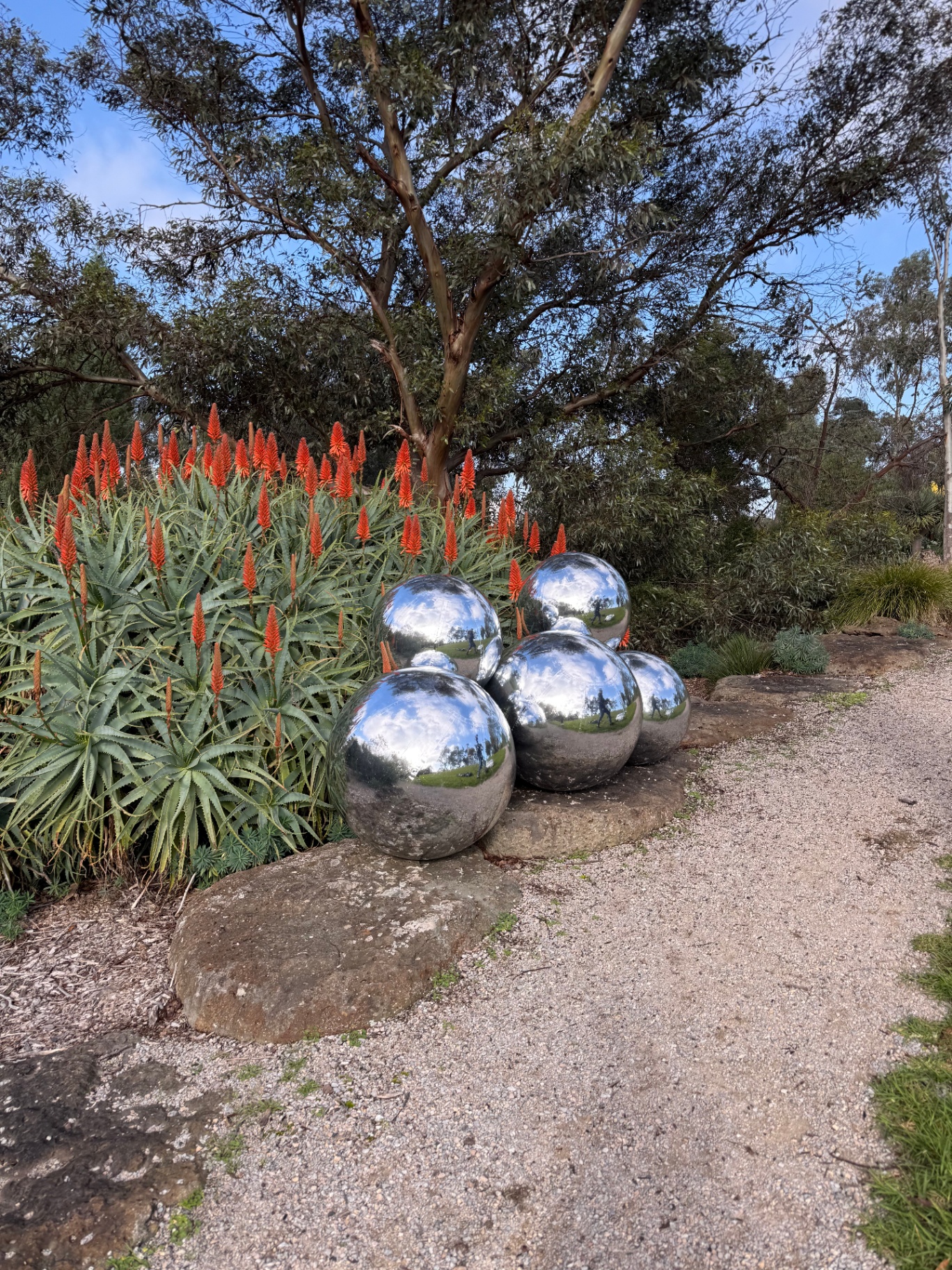 Cluster of mirror spheres in a landscaped garden