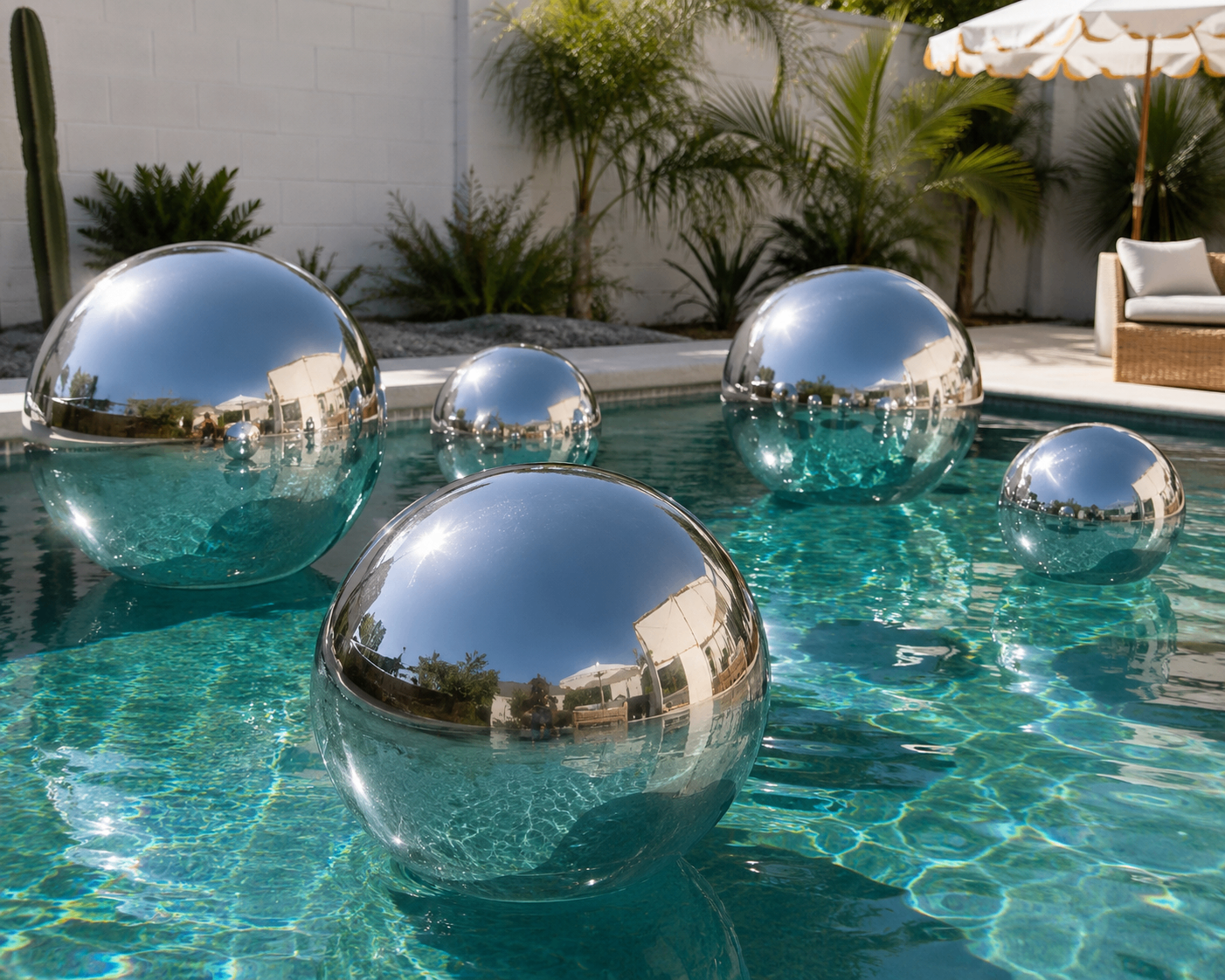Chrome mirror spheres floating in a turquoise pool